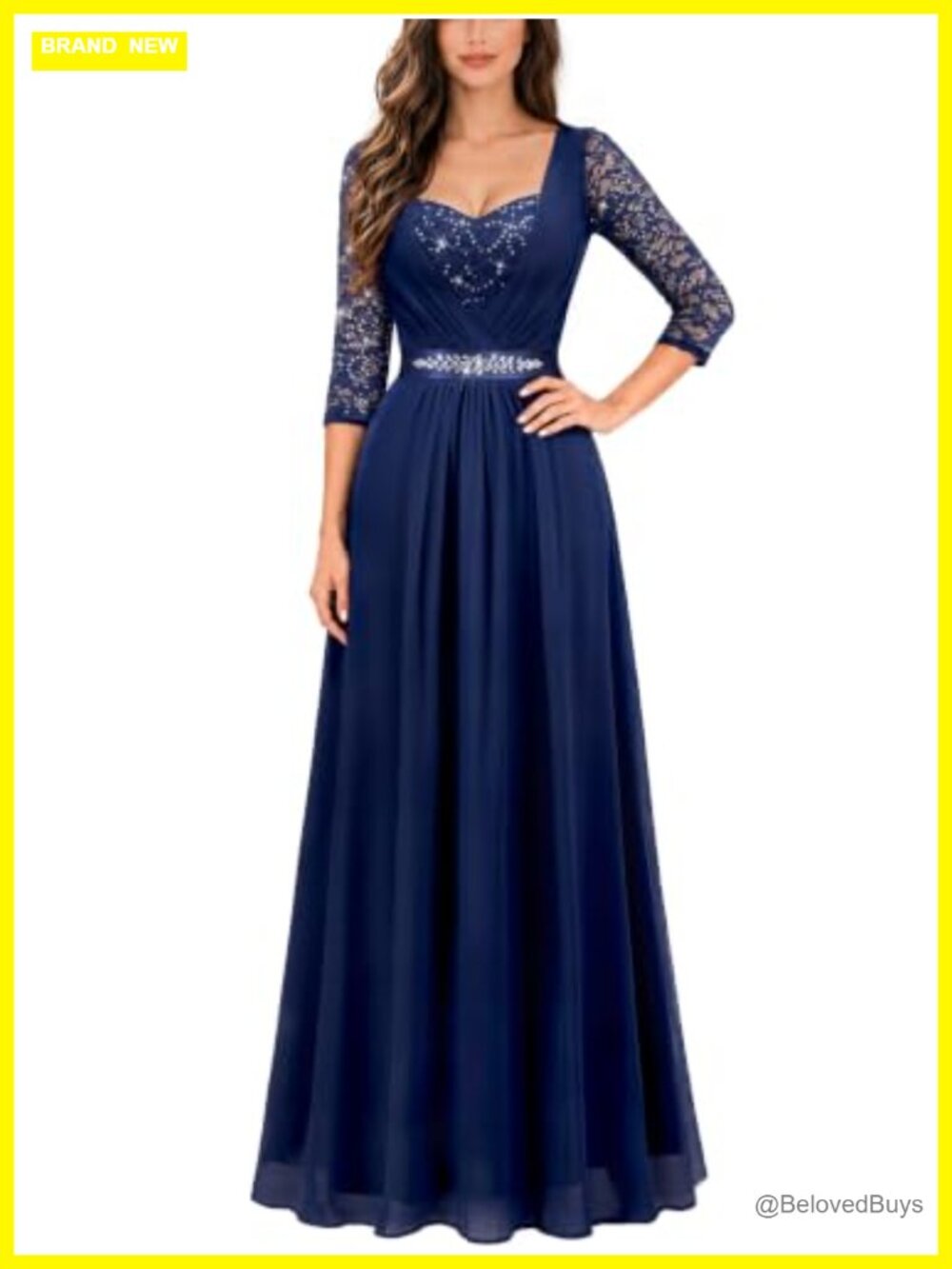 Sequin Lace Square Neck 2/3 Sleeve Formal Maxi Dress